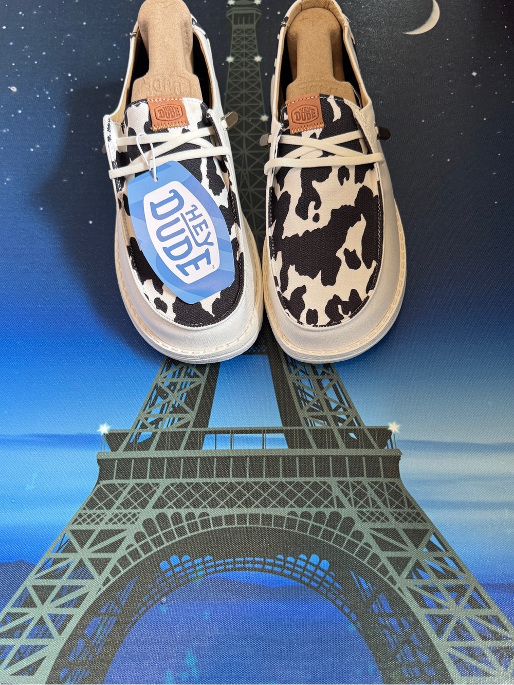 Hey Dude Women’s 10 Cow Print Slip-On Sneakers in Black, White & Tan NWT